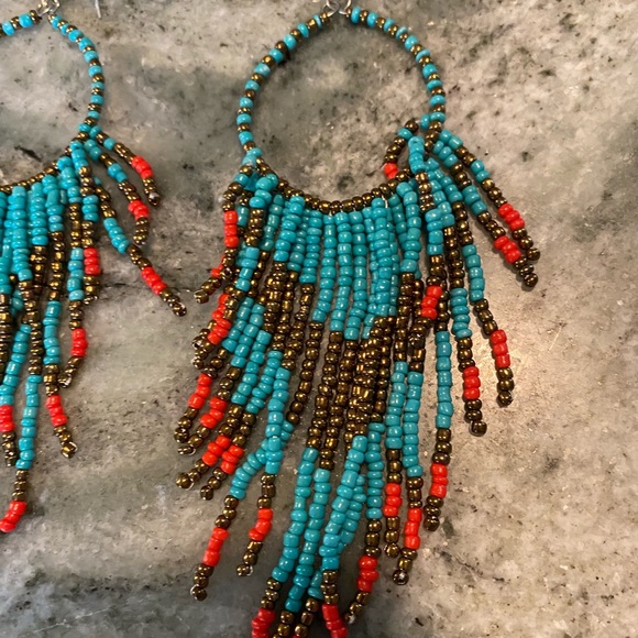Tangerine and turquoise seed bead earrings - Picture 2 of 2